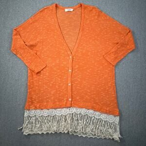 Umgee Button Front Cardigan Lace Hem Women's Large Orange Open Knit Deep V-Neck